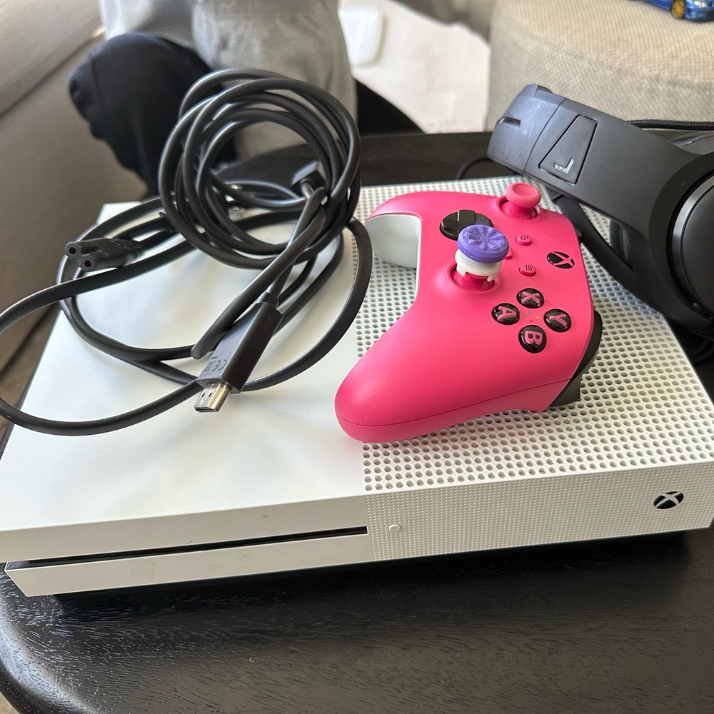 Xbox One S Console with Pink Controller and Headset